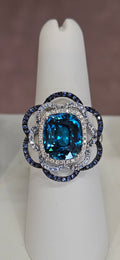 18kw 7.51ct Cambodian Blue Zircon Ring with Sapphires and Diamonds