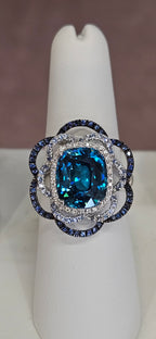 18kw 7.51ct Cambodian Blue Zircon Ring with Sapphires and Diamonds