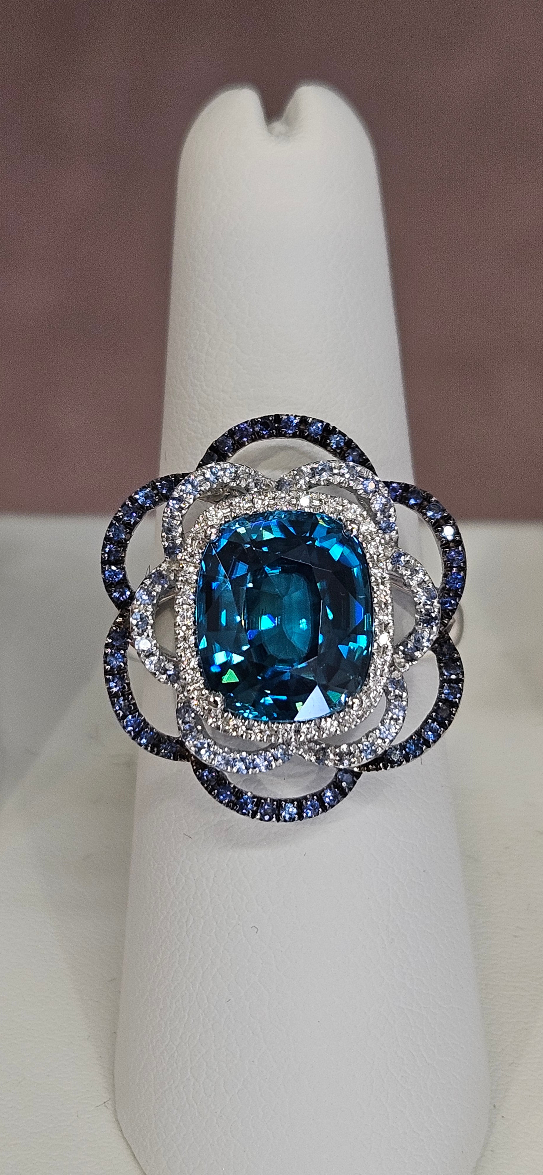 18kw 7.51ct Cambodian Blue Zircon Ring with Sapphires and Diamonds