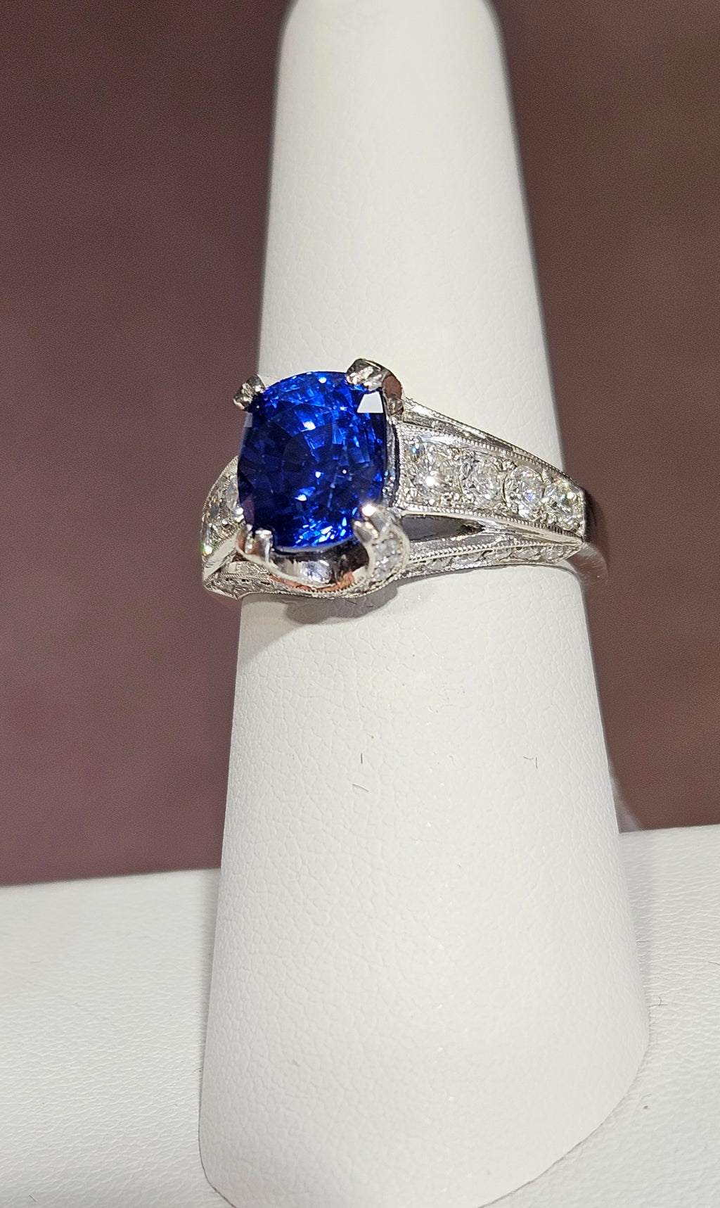 Platinum 4.35ct Ceylon Sapphire ring with 1.05cts of diamonds