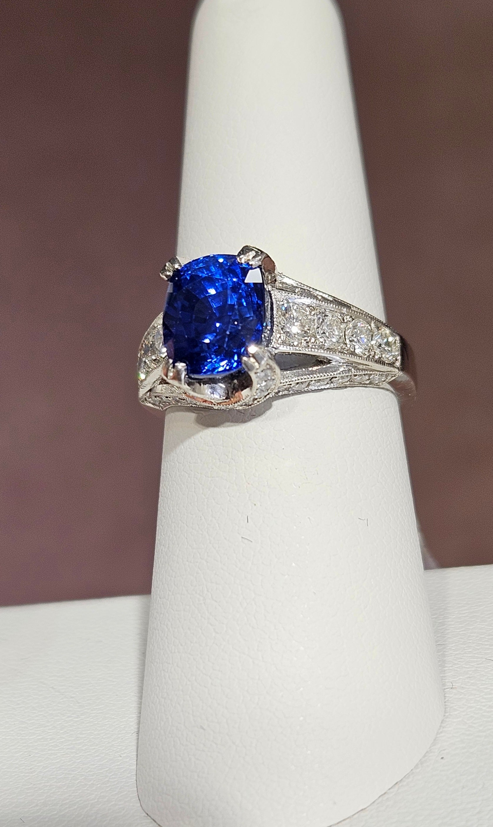 Platinum 4.35ct Ceylon Sapphire ring with 1.05cts of diamonds