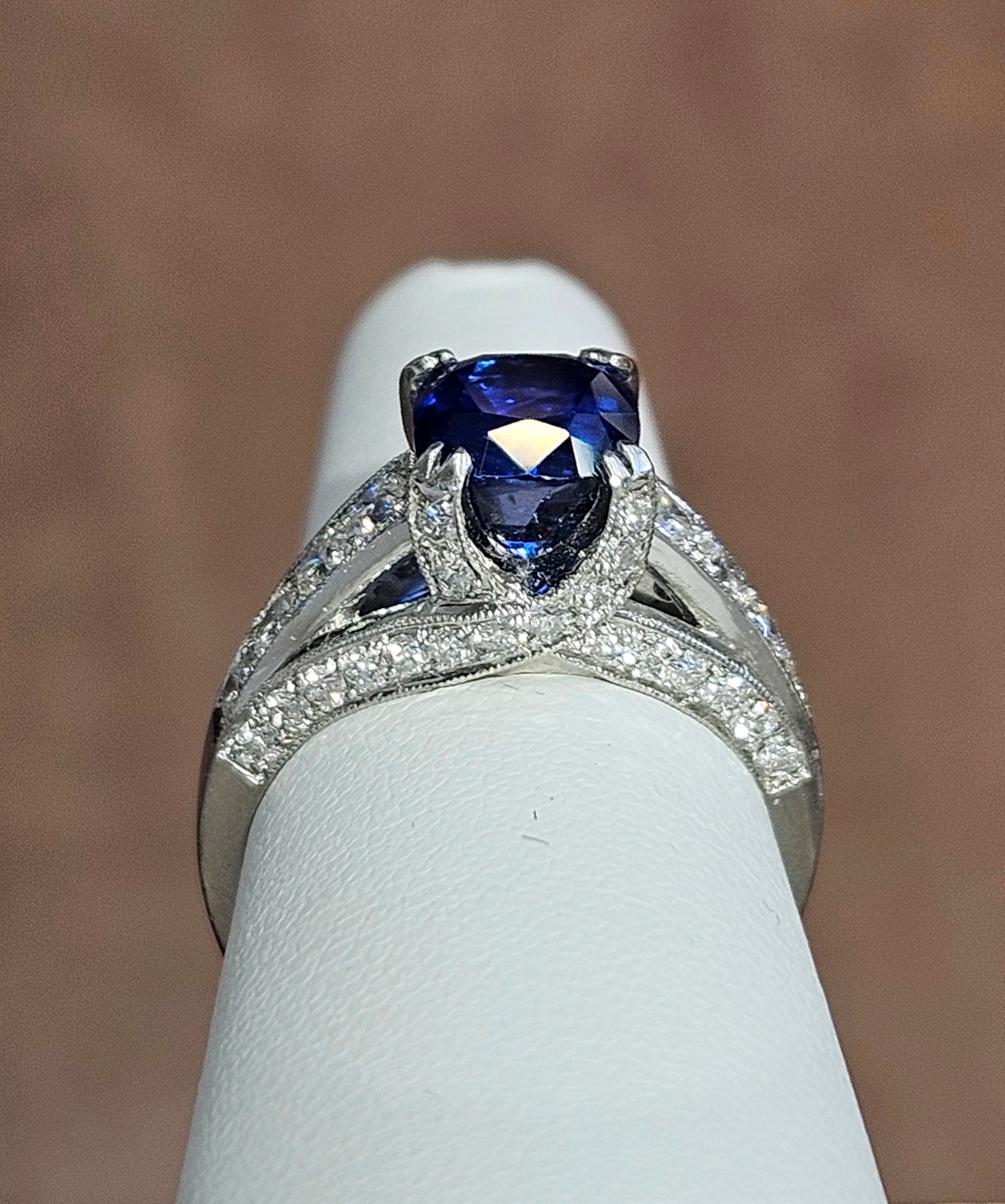 Platinum 4.35ct Ceylon Sapphire ring with 1.05cts of diamonds