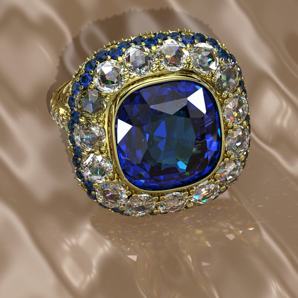 18k Yellow Gold Ring with a 15.56ct Fine Blue Ceylon Sapphire Ring, Plus Rose Cut Diamonds