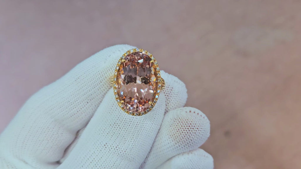 17.49ct pinkish peach Morganite set in a "Federal" design 18k rose hand cut mounting with .32cts of diamonds