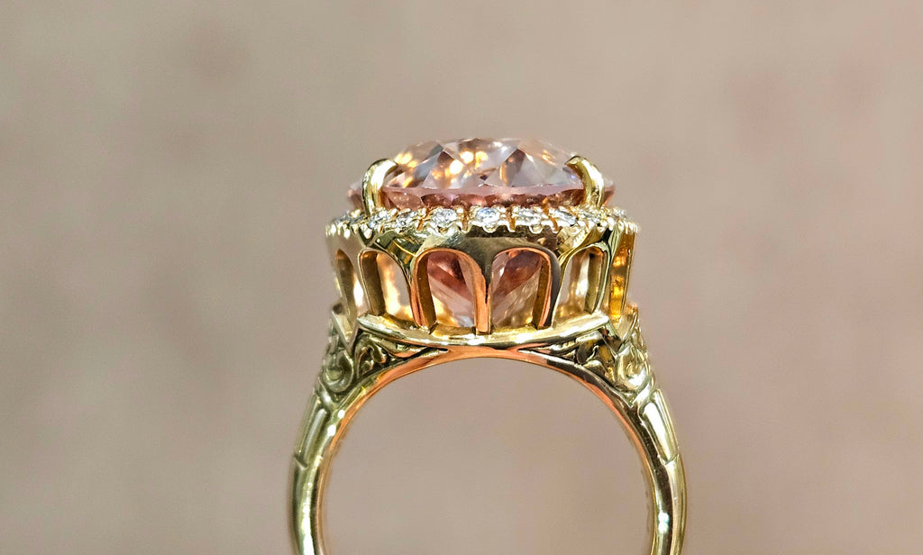 17.49ct pinkish peach Morganite set in a "Federal" design 18k rose hand cut mounting with .32cts of diamonds