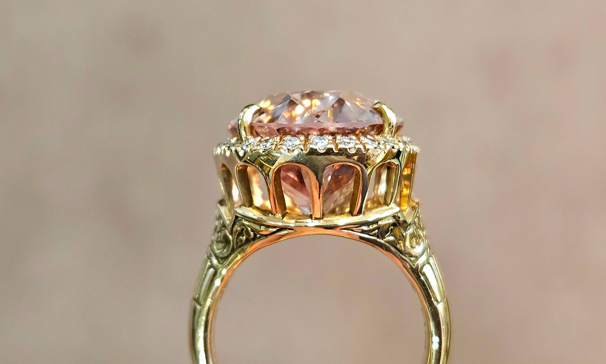 17.49ct pinkish peach Morganite set in a "Federal" design 18k rose hand cut mounting with .32cts of diamonds
