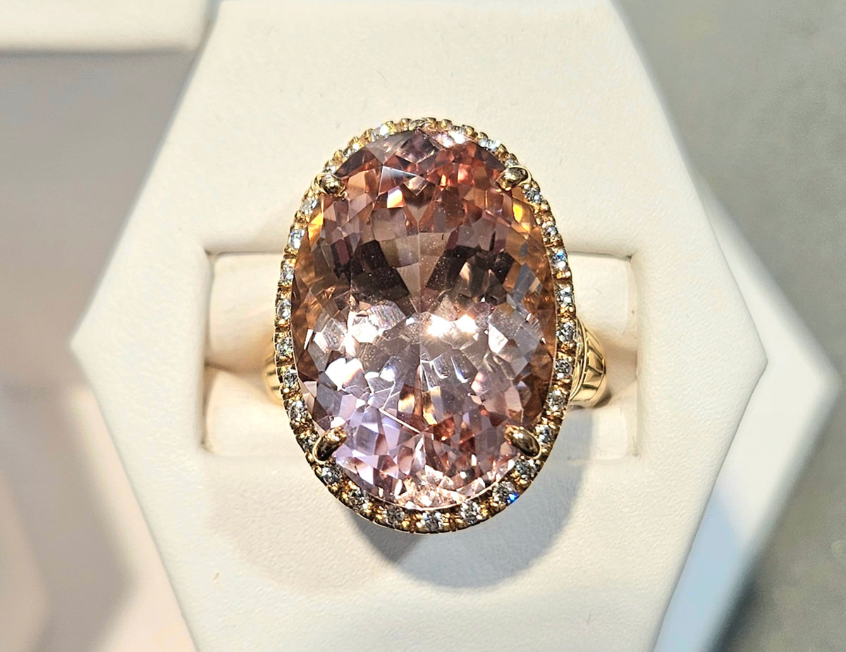 17.49ct pinkish peach Morganite set in a "Federal" design 18k rose hand cut mounting with .32cts of diamonds