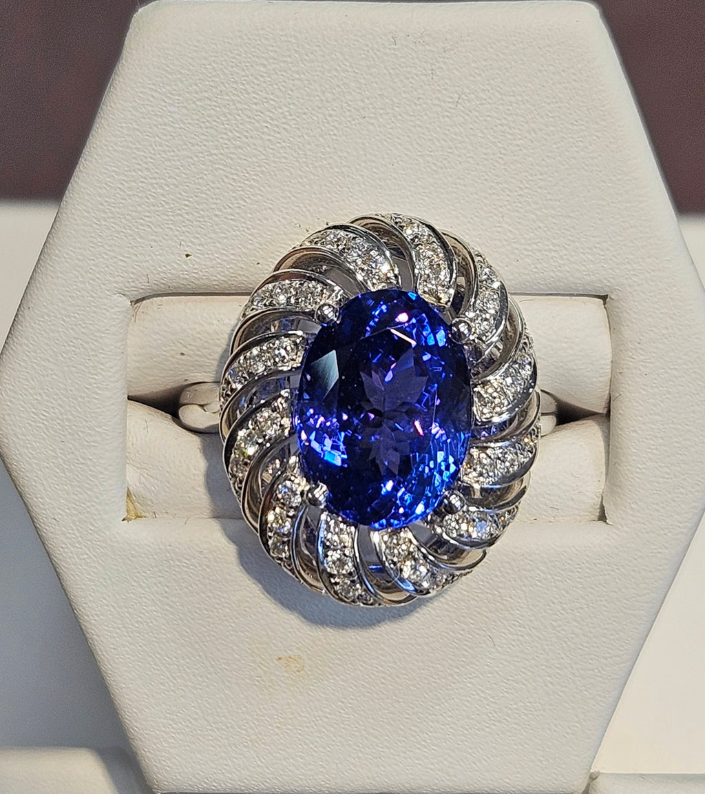 18kw fancy cocktail ring with 5.46ct Tanzanite and .392ct of diamonds