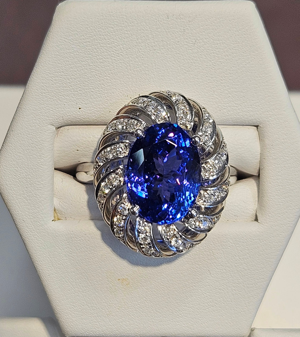 18kw fancy cocktail ring with 5.46ct Tanzanite and .392ct of diamonds