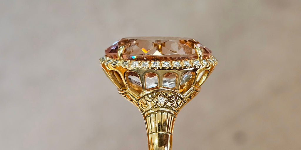 17.49ct pinkish peach Morganite set in a "Federal" design 18k rose hand cut mounting with .32cts of diamonds